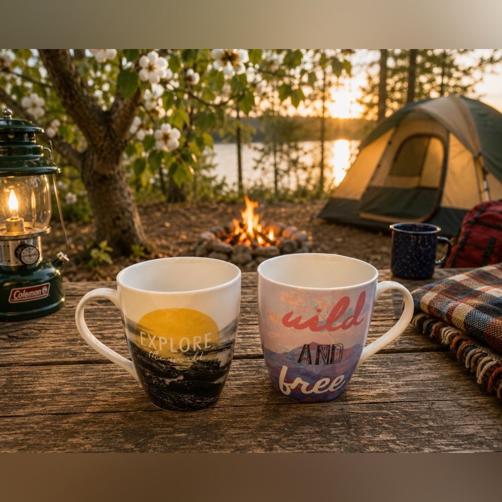 Pfaltzgraff Set of 2 Boho Travel *ADVENTURE* Coffee Cups Mugs EUC
